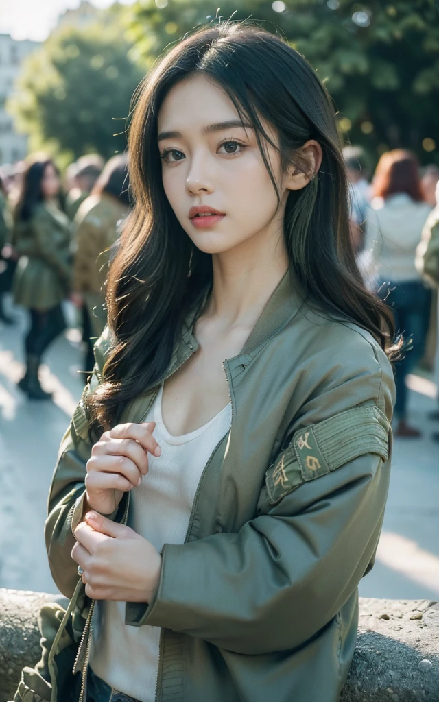 ((((8K))),((Extremely detailed CG)) ,(wallpaper),16K,((Extremely exquisite and beautiful)),(((masterpiece))),(((Best quality))),(((超high resolution))),Beautiful light,Perfect Lightning,Realistic shadows,((high resolution)),(Smooth and flawless fair skin:1.5),(Pale skin:1.3),(Extremely delicate facial details:1.2),(Perfect body:1.1),(Extremely detailed),((A beautiful girl,Solitary)),(Small head:1.2),(Black long hair:1.2),(Small face:1.2),(Sexy lips),(Exquisite makeup:1.2),(Plump breasts:1.2),((Slim)),Happy,(lol:1.2),(green military jacket:1.5),((clavicle, cleveage, Umbilical cord)),(Light blue jeans:1.3),(Black combat boots:1.3),(Day scene:1.5),(Afternoon Sunshine:1.3),(outdoor:1.2),(At the school gate:1.3),(city View:1.3),(winter:1.2),(Detailed background:1.5),(permanent:1.3),(Upper Body:1.2),(From the front:1.3),(Surrounded by a crowd:1.5)