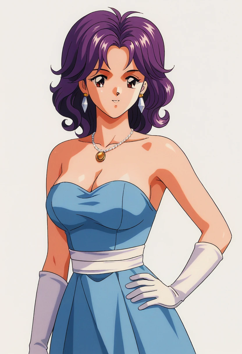 score_9,score_8_up,score_7_up,masterpiece,best quality,
Mira Kagami,1girl,solo,jewelry,gloves,necklace,purple hair,breasts,earrings,dress,cleavage,brown eyes,medium hair,curly hair,retro artstyle,elbow gloves,1990s (style),white background,bare shoulders,white gloves,hand on own hip,large breasts,simple background,
