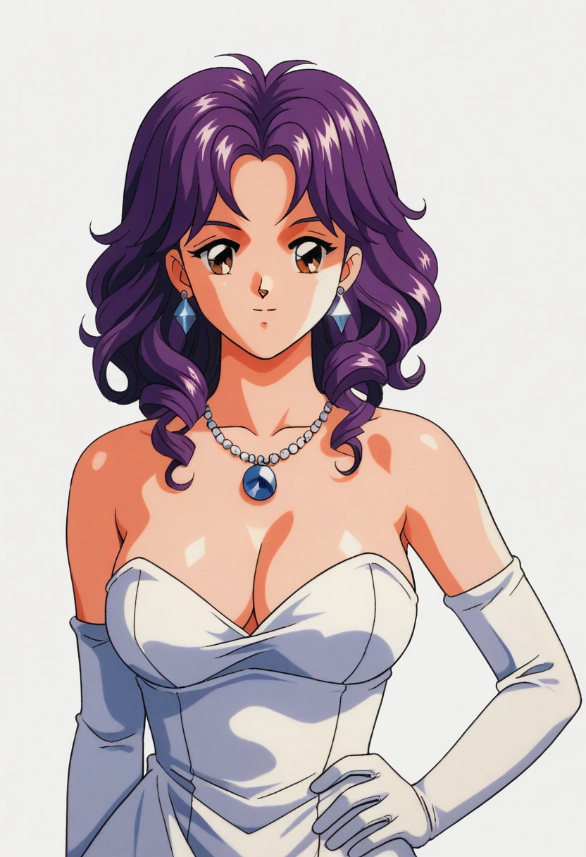 score_9,score_8_up,score_7_up,masterpiece,best quality,
Mira Kagami,1girl,solo,jewelry,gloves,necklace,purple hair,breasts,earrings,dress,cleavage,brown eyes,medium hair,curly hair,retro artstyle,elbow gloves,1990s (style),white background,bare shoulders,white gloves,hand on own hip,large breasts,simple background,
