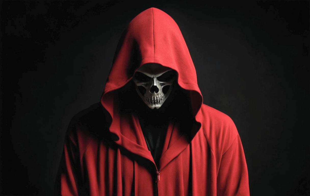 a close-up of a person with a red hood and a skull face, hooded skull, vestindo manto vermelho cultista, reminded me of the reaper, the reaper, reaper, hooded sith lord, portrait of reaper, the reaper as a scary, evil death, dark hood specter, beautiful male god of death, wearing a dark hood