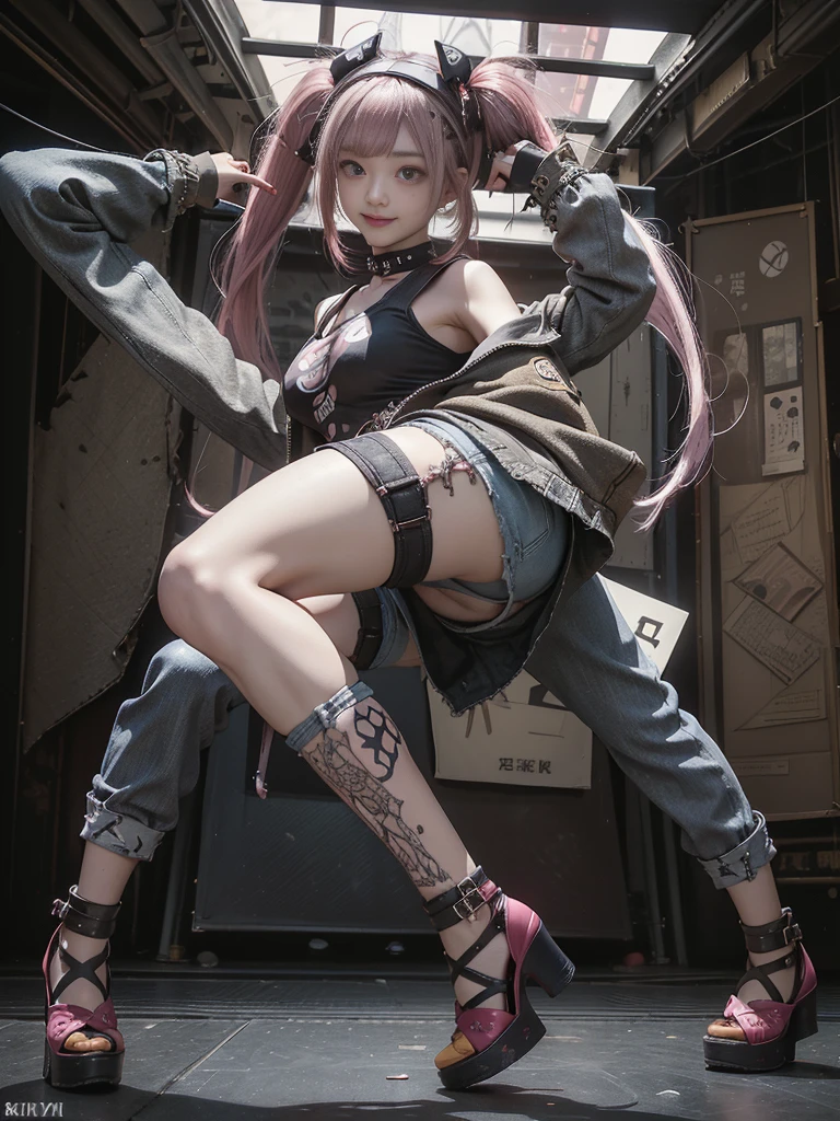 (Full Body View:1.2)、(Smiling with teeth showing:1.3),(Shibuya Gal:1.5)、(Beautiful:1.4)、(Neo-Goth Fashion:1.5)、(Punk rock visual kei:1.4)、(Modern white and red Baron:1.5)、(Tattered brown and charcoal denim baggy pants:1.5)、(Mustard yellow headband:1.3)、(Charcoal and khaki high heels:1.4)、collar、(We sell patterned underwear with logos.:1.4)、Age 25、Browsing Caution,((Highest quality、In 8K、masterpiece:1.3))、Sharp focus:1.2、(Layered Cut、Huge boobs:1.1),Beautiful woman with perfect figure:1.4、(Doing an aerobics pose:1.3)、Slim Abs:1.2、Butt、Highly detailed face and skin texture、Fine grain、double eyelid,(Twin tails:1.3)、(Pink Hair:1.3)、Dynamic pose、Obscene pose、Humiliating pose、Idol Sculpture、(high end fashion show stage:1.3)、(Slimming your legs:1.4)、(The body is slim:1.3)、(clavicle:1.1)