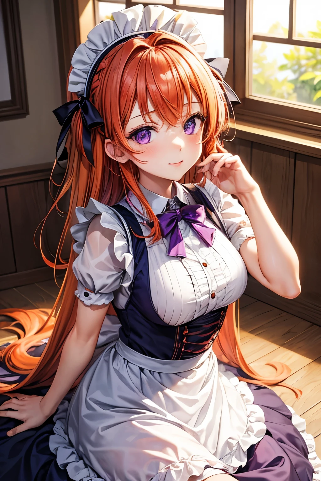 masterpiece, best quality, 1 girl, Purple Eyes, Orange hair,maid headdress, maid,