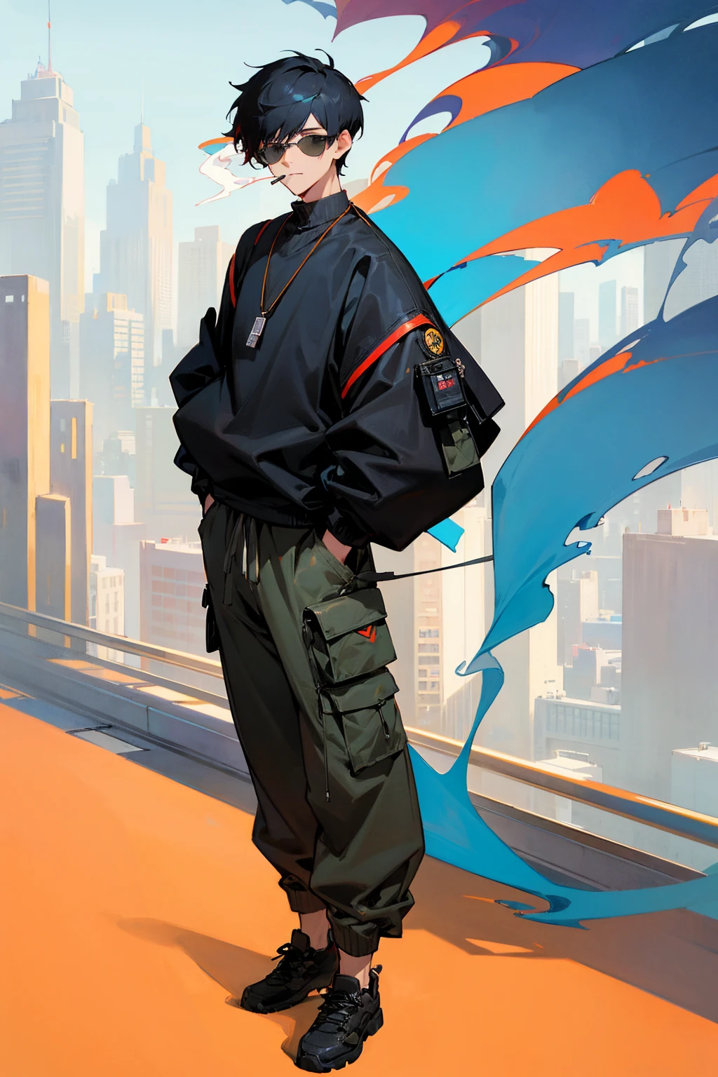 1male, short buzzcut hair, black aviators, multi colored hair, smoking cigarette, baggy modern clothing, relaxed expression, city background, detailed background, detailed face, standing, walking on path, hands to side