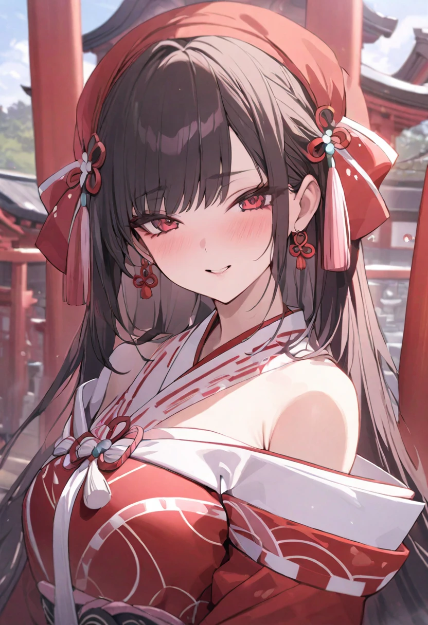 rhyme_without, Red Dress, Shrine maiden, Shrine Background, 1 Girl, masterpiece, best quality, Very detailed