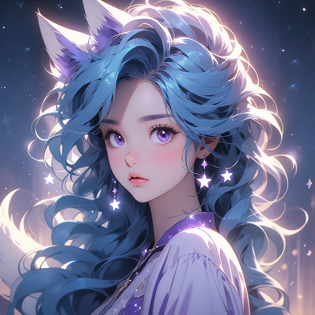 A girl with long blue hair and brown eyes with a star as a pupil , accompanied by a purple fox. 