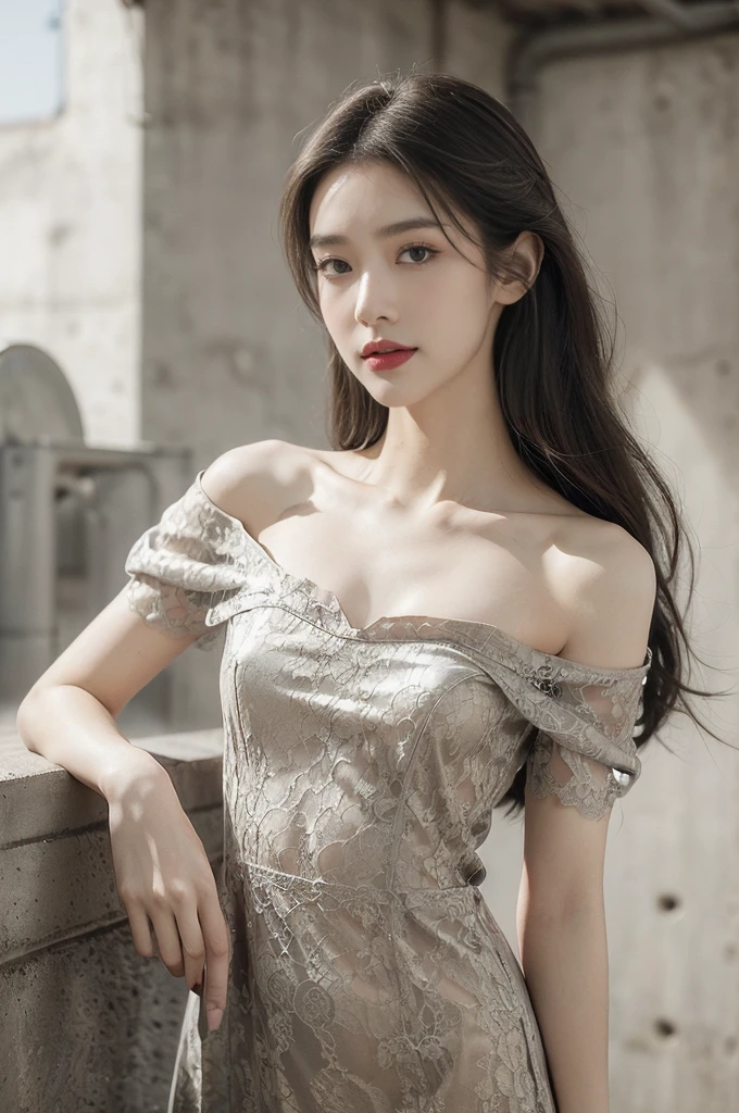 (((best quality))),(((ultra detailed))),(((masterpiece))),illustration,((1 beautiful girl,solo)),((slim,thin)),((small breasts,flat chest)),(shoulder length straight hair:1.2),summer afternoon,((unfinished concrete room,alluring,gray walls)),(short sleeves:1.2),(black lace dress:1.3),(seductive,elegant,full bosom,fair skin,golden strands,delicate features,deep brown eyes,mischief,mystery,enchanting smile,vibrant red lips,serene beauty,self-assuredness,industrial ambiance,raw cement walls,exposed pipes,sexuality,allure,refined beauty,compelling visual narrative,seductive gaze,elegant posture,industrial backdrop,lasting impression,((standing,from front,close-up of face))