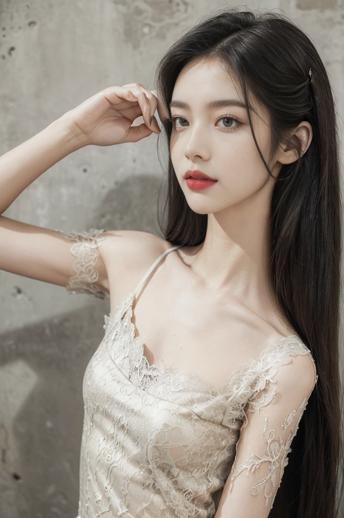 (((best quality))),(((ultra detailed))),(((masterpiece))),illustration,((1 beautiful girl,solo)),((slim,thin)),((small breasts,flat chest)),(shoulder length straight hair:1.2),summer afternoon,((unfinished concrete room,alluring,gray walls)),(short sleeves:1.2),(black lace dress:1.3),(seductive,elegant,full bosom,fair skin,golden strands,delicate features,deep brown eyes,mischief,mystery,enchanting smile,vibrant red lips,serene beauty,self-assuredness,industrial ambiance,raw cement walls,exposed pipes,sexuality,allure,refined beauty,compelling visual narrative,seductive gaze,elegant posture,industrial backdrop,lasting impression,((standing,from front,close-up of face))