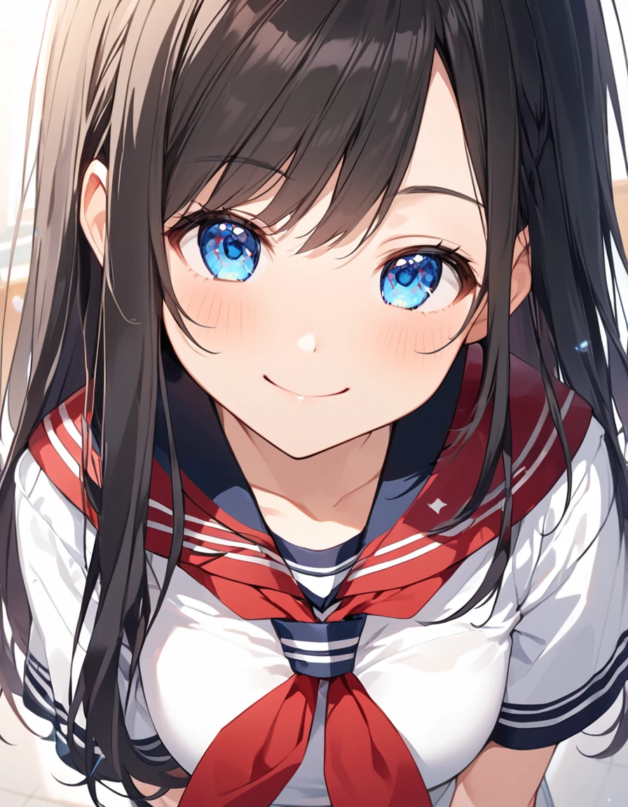 (Highest qualityのイラスト:1.2),  (1 girl、18-year-old), (Kind eyes、blue eyes:1.2)、Black Hair、Semi-long hair、bangs、(Highest quality、Very detailed、cute、Ultra-high resolution) 、High School Uniform｛White Sailor Suit、Black collar、Red neckerchief、Short sleeve、Cleavage)、School classroom、Slightly larger breasts、smile, From the side