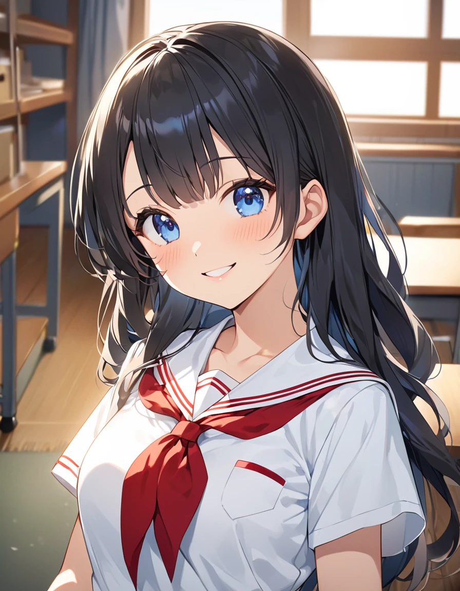 (Highest qualityのイラスト:1.2),  (1 girl、18-year-old), (Kind eyes、blue eyes:1.2)、Black Hair、Semi-long hair、bangs、(Highest quality、Very detailed、cute、Ultra-high resolution) 、High School Uniform｛White Sailor Suit、Black collar、Red neckerchief、Short sleeve、Cleavage)、School classroom、Slightly larger breasts、smile, From the side