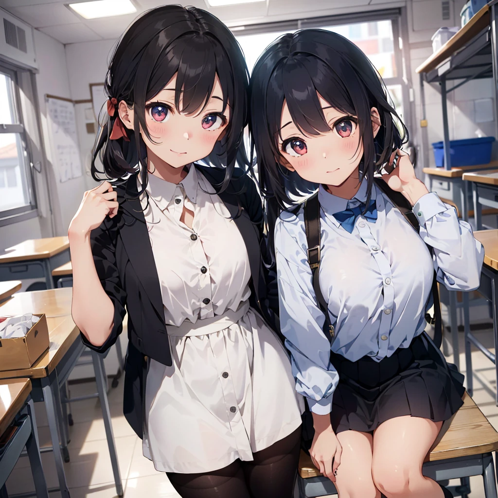 細部に至るまin傑作、Highest quality、One Girl、solo、15-year-old student、170cm、high school girl、Model body type、Perfect body、 (((巨大in巨大な柔らかい性質:1.4))), Big breasts that hang down to the floor,,,,、130 cm chest circumference、ＸCup milk、Realistic 、Extraordinary beauty、Silky texture hair、12 year old babyface、red hairs、Gradient Bob Forward、Two-tone mesh、Beautiful Eyes、Realistic pupils, Big eyes、superior look、cute 、Proximity、Closed_mouth、Laughter、blush、Shy、青いhat、hat、Pink bow tie、uniform、 青いJacket、Jacket、Skirt、Grey skirt shirt、White shirt、feet、Sit on、classroom、hair_Decorations have been removed、look up_in_Audience、Beautiful and fine details、Akame、White lace panties、Professional Effects、Charming gesture、Black knee-high stockings、自分の手inスカートを持ち上げる、自分inスカートをまくる、Chest is visible when the button is removed、Cleavage、your、put out、Black Pantyhose