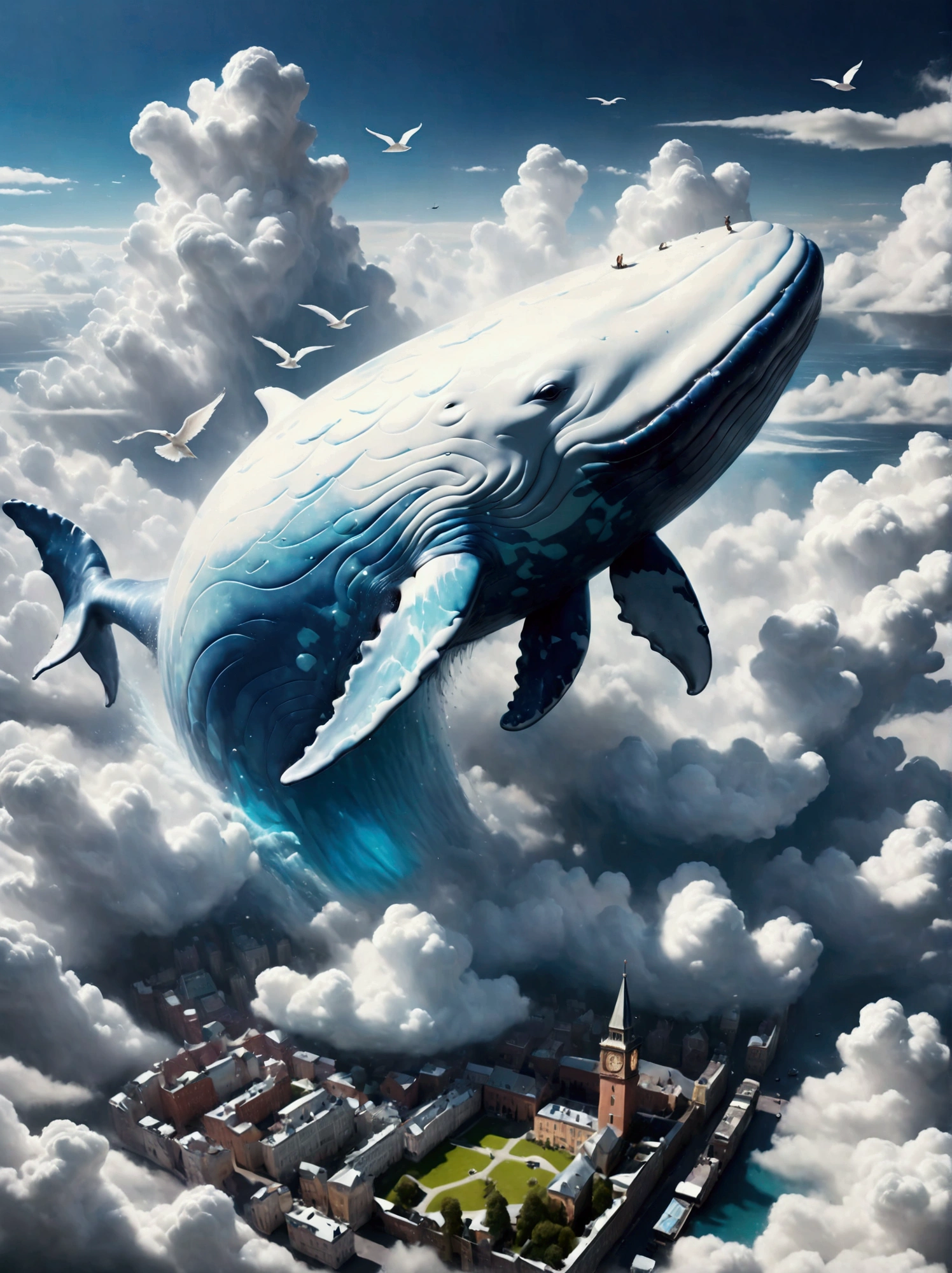 (((A colossal whale made of marshmallow-like white clouds))), (((whale's body entirely covered in fluffy white clouds))), (((soaring through the sky))), dreamy world, flying in the sky, iron towers on the ground, (bird's-eye view:1.3), (best quality, 8k, highres, masterpiece:1.2), ultra-detailed, (photo-realistic:1.4), sharp focus, vivid colors, ethereal atmosphere, soft lighting, magical, surreal