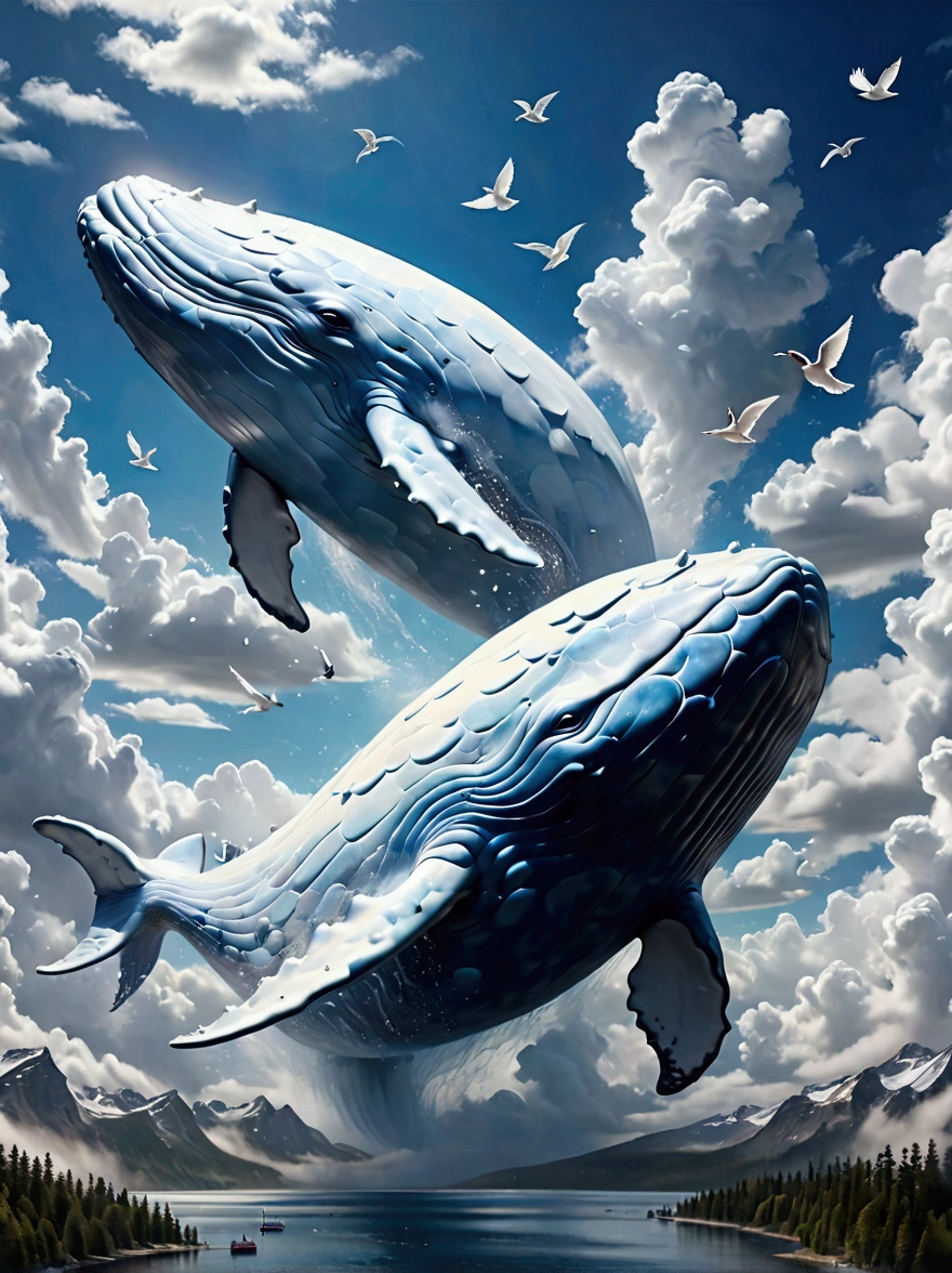 (((A colossal whale made of marshmallow-like white clouds))), (((whale's body entirely covered in fluffy white clouds))), (((soaring through the sky))), dreamy world, flying in the sky, iron towers on the ground, (bird's-eye view:1.3), (best quality, 8k, highres, masterpiece:1.2), ultra-detailed, (photo-realistic:1.4), sharp focus, vivid colors, ethereal atmosphere, soft lighting, magical, surreal