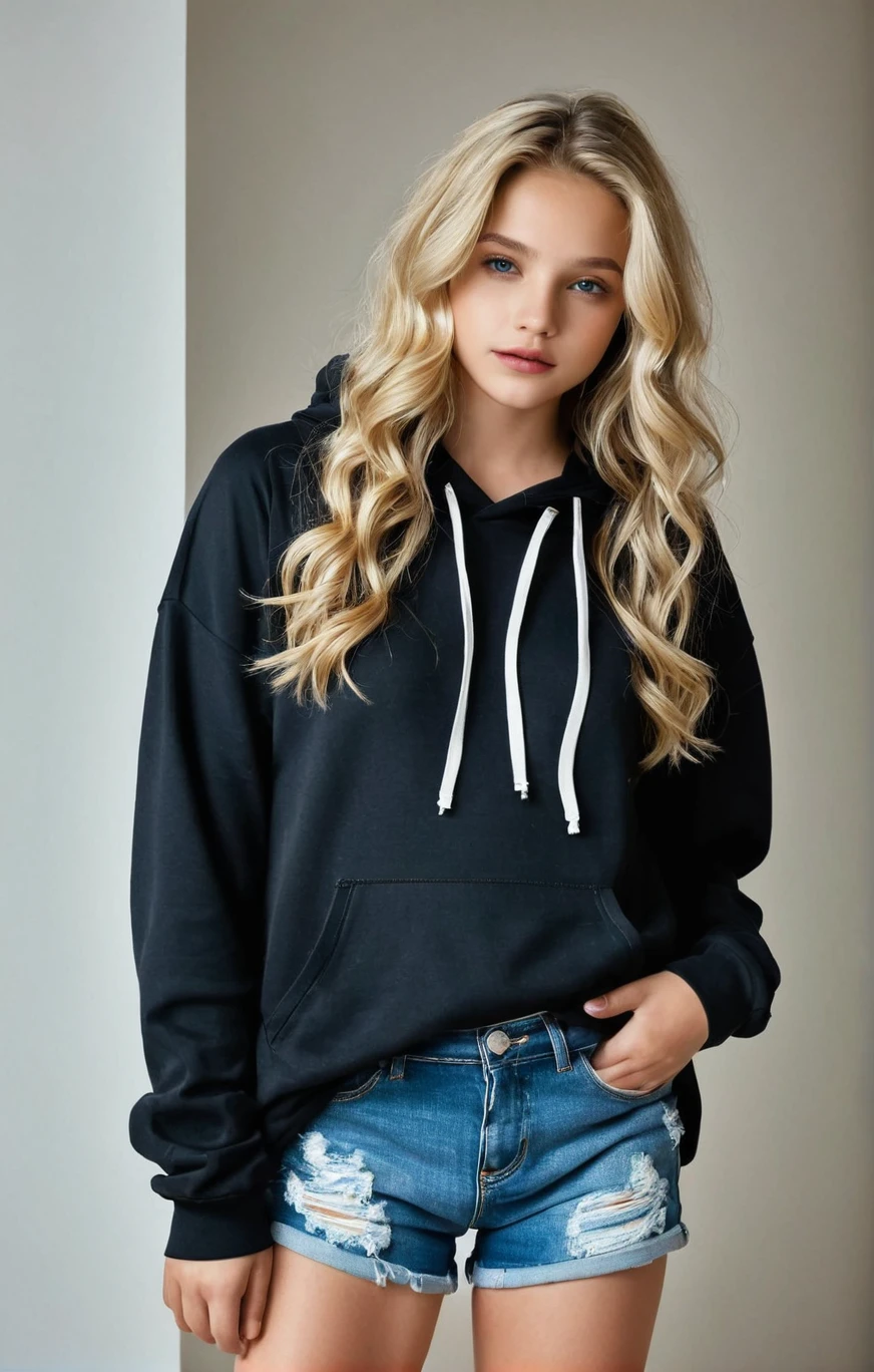 Sexy girl with silver eyes, wavy hair, blonde in black hoodie and blue jean 
shorts, whole body cuved,  ,in a room