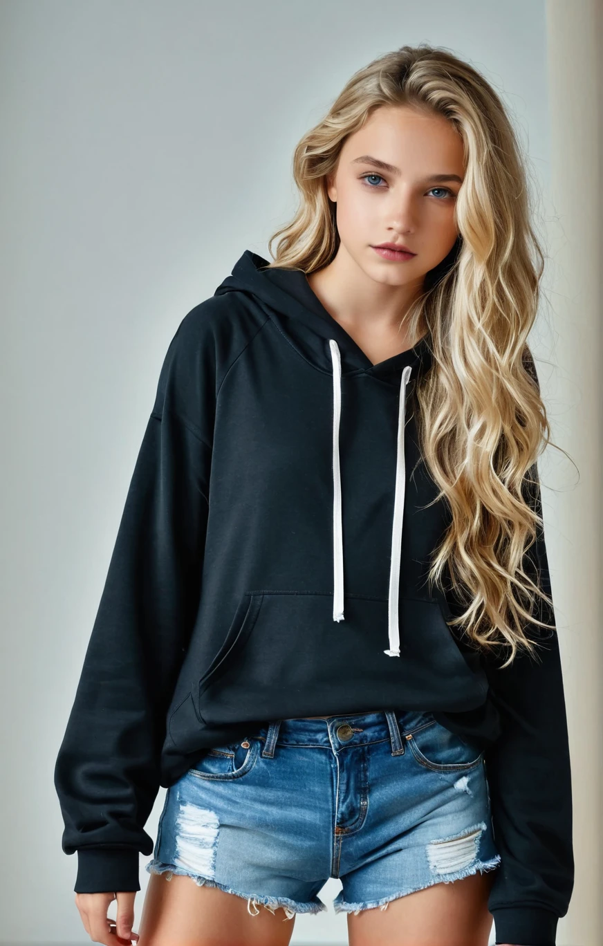 Sexy girl with silver eyes, wavy hair, blonde in black hoodie and blue jean
shorts, whole body cuved, ,in a room