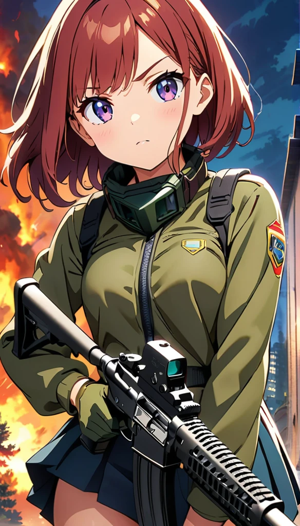 (anime artwork, anime style, studio anime, very detailed, up to date, vibrant, Anime Coloring, high contrast, masterpiece:1.2, best quality, best aesthetics),camouflage clothing,camouflage helmet, pleated skirt, Medium chest, A glimpse of thighs,random hair, One eye is hidden by the bangs, perfect proportions, high detail skin, Cute,forest, precise fingers,panty shot Girl shooting automatic rifle, (muzzle explodes:1.2), (looks into sight), finely drawn automatic rifle, bulletproof suit, (turn towards the viewer), syncs body orientation and gaze, dynamic angle, serious expression, battle, burning city, war,calm and serious expression, squat Hide in Obstruction,