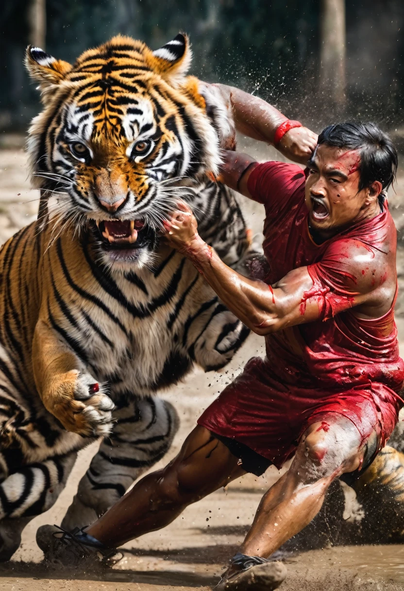 strong warriors bleeding and fighting big tigers 