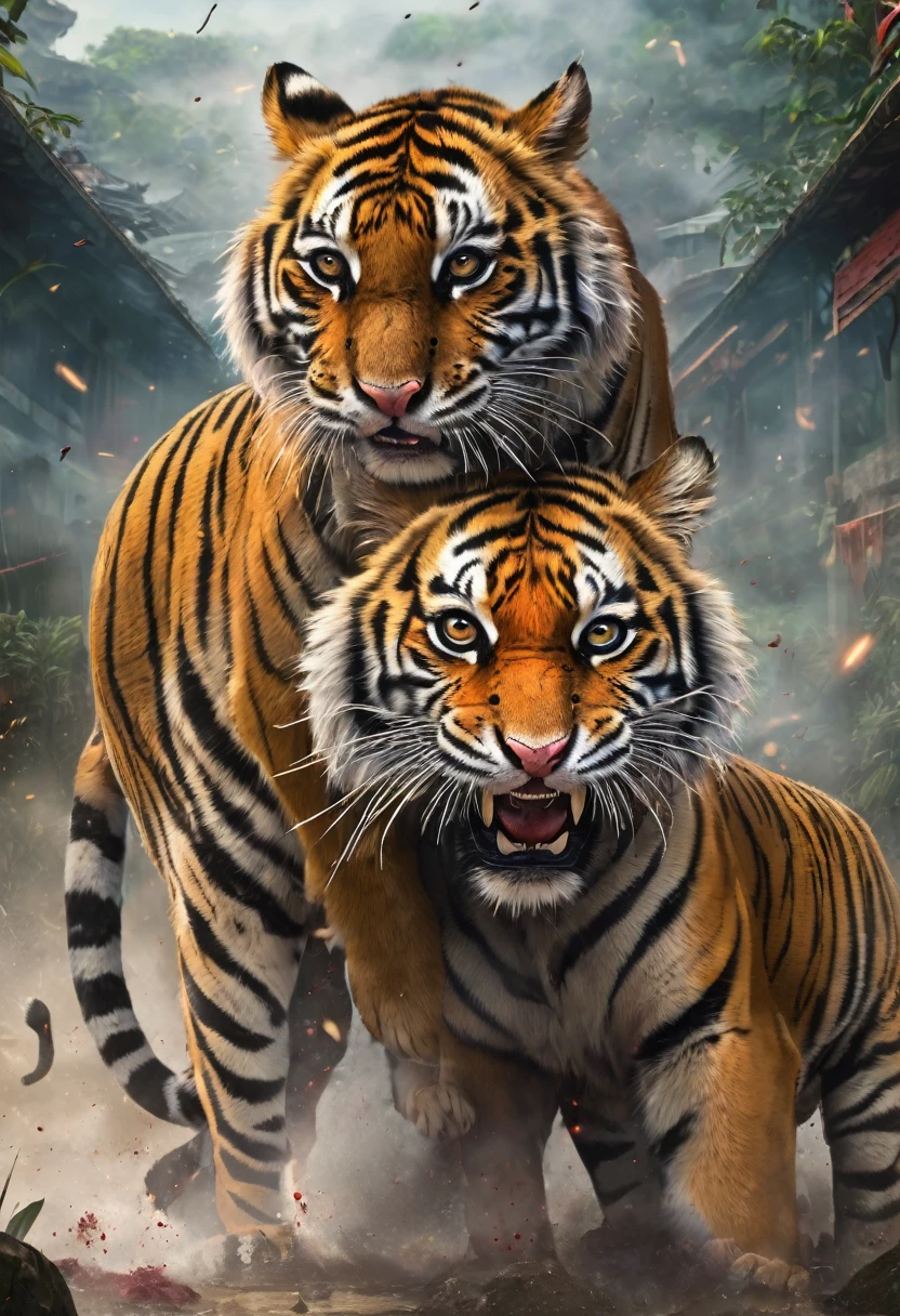 strong warriors bleeding and fighting big tigers