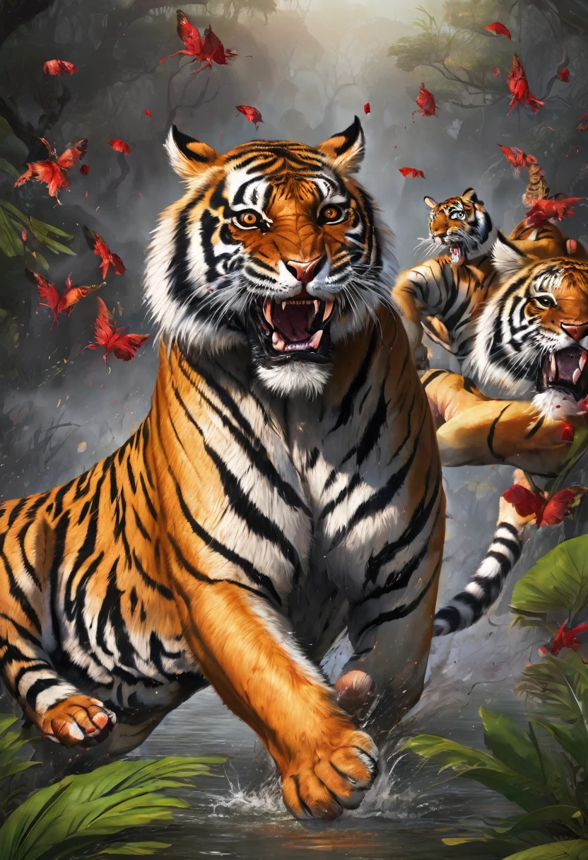 strong warriors bleeding and fighting big tigers