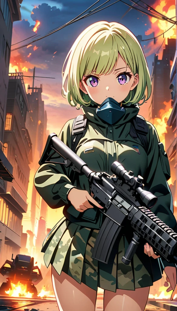(anime artwork, anime style, studio anime, very detailed, up to date, vibrant, Anime Coloring, high contrast, masterpiece:1.2, best quality, best aesthetics),camouflage clothing,camouflage  helmet, pleated skirt, Medium chest, A glimpse of thighs,random hair, One eye is hidden by the bangs, perfect proportions, high detail skin, Cute,forest, precise fingers,panty shot Girl shooting automatic rifle, (muzzle explodes:1.2), (looks into sight), finely drawn automatic rifle, bulletproof suit, (turn towards the viewer), syncs body orientation and gaze, dynamic angle, serious expression, battle, burning city, war,calm and serious expression, squat Hide in Obstruction,