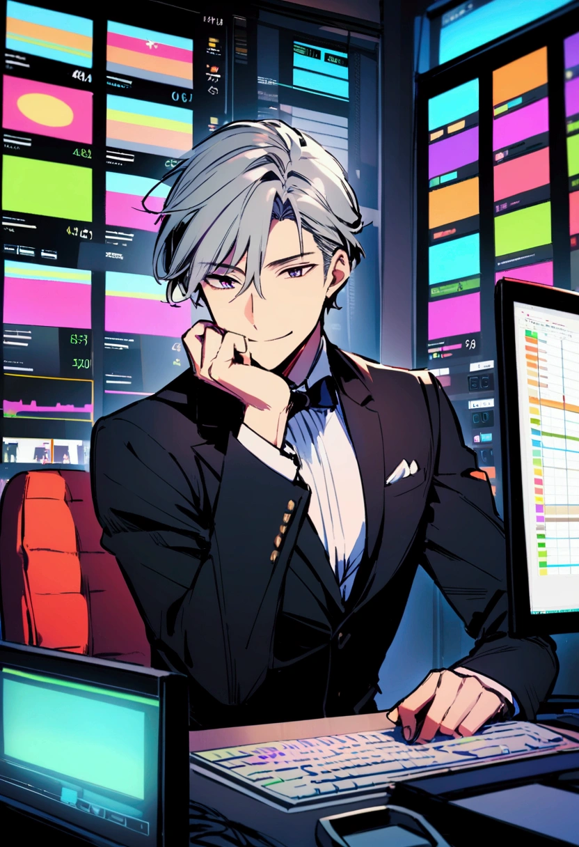 A man trading while looking at an FX chart in front of a computer smiles because of his superiority and control of the situation
