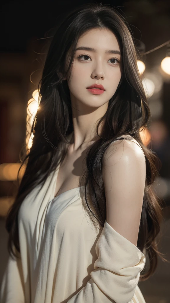 film portrait photography, 1girl, bare shoulders, wavy shoulder-length hair, serene, calm, (realistic detailed eyes, natural skin texture, realistic face details), soft dramatic lighting, depth of field, bokeh, vibrant details, finely detailed, hyperrealistic, 35mm film, hazy blur, filmg,