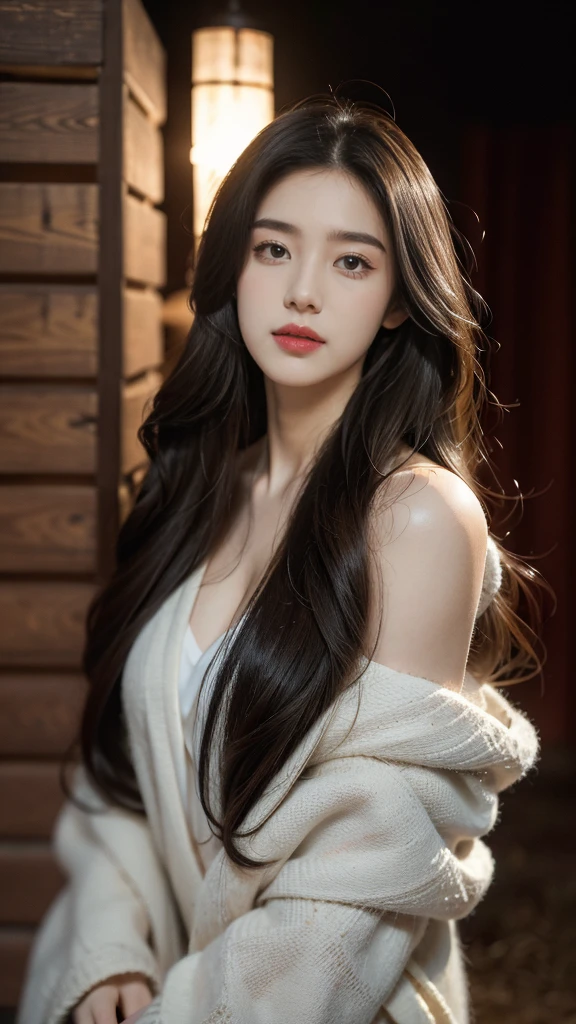 best quality, masterpiece, Ultra-high resolution, (Realistically:1.5), RAW photos, charming, In the dark night, Depth Shadows, Low pitch, Cold Light, Sexy look,Shoulder-length straight hair,Slim