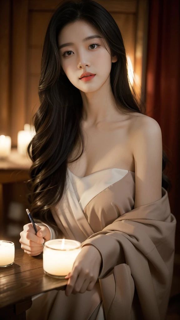 best quality， masterpiece， Ultra-high resolution， （Realistically：1.5）， RAW photos， charming， In the dark night， Depth Shadows， Low pitch， Cold Light， Sexy look,Shoulder-length straight hair,Slim