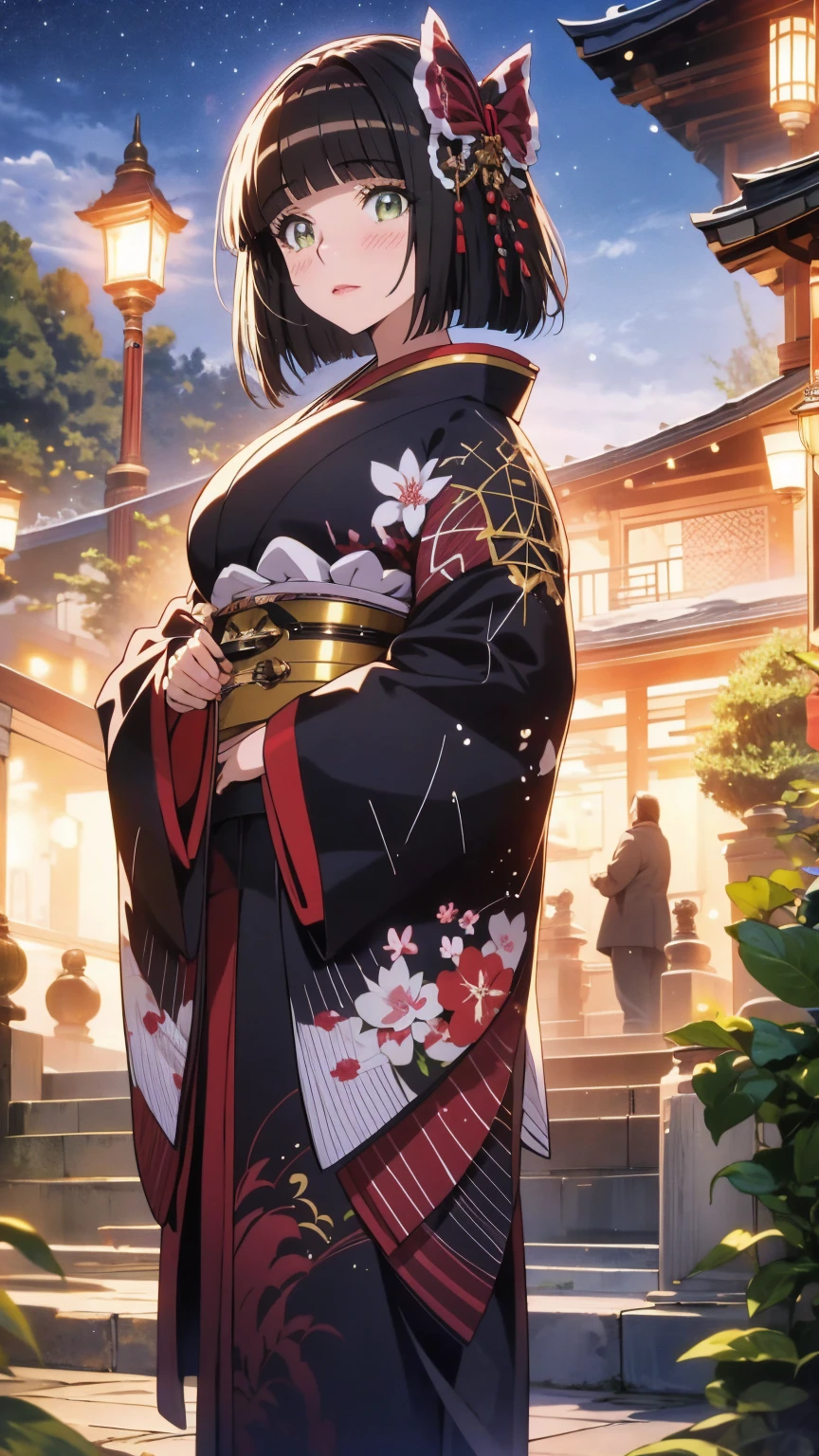 (Highest quality),(masterpiece), 8k,Very detailed, Detailed light, Best Shadow,Detailed reflective eyes, Beautiful Eyes, Very detailedな顔,Shiny Hair,sexy,Big Breasts,Charm,One person,Gloss,semi-long,Black Hair,Iris,kimono,黒色のkimono,,enchanting,Expressionless,Blushing,full moon,Enchanting,Beautiful fingers,Beautiful hands,Refers to 5 books,hair ornaments,whole body,shrine,front,On a journey to another world led by the moon,my,Mio,fan,High exposure,looking at the camera,