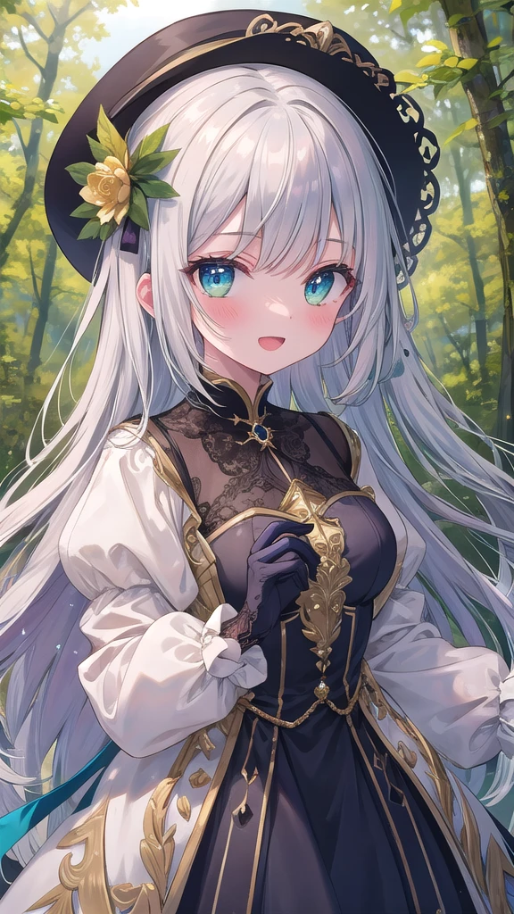 (8k, best quality, master piece: 1.2),super high resolution,1 girl, 独奏, colorshift eyes, hyperdetailed, expressive eyes, ultra-detailed face, Renaissance fair costume, Velvet, lace, Purple, gold, Feathered hat, gloves, Random hairstyle、silver gay hair, Quiet countryside, Ecstatic expression, Enchanted forest, Green, Blue, gold, dim, magical