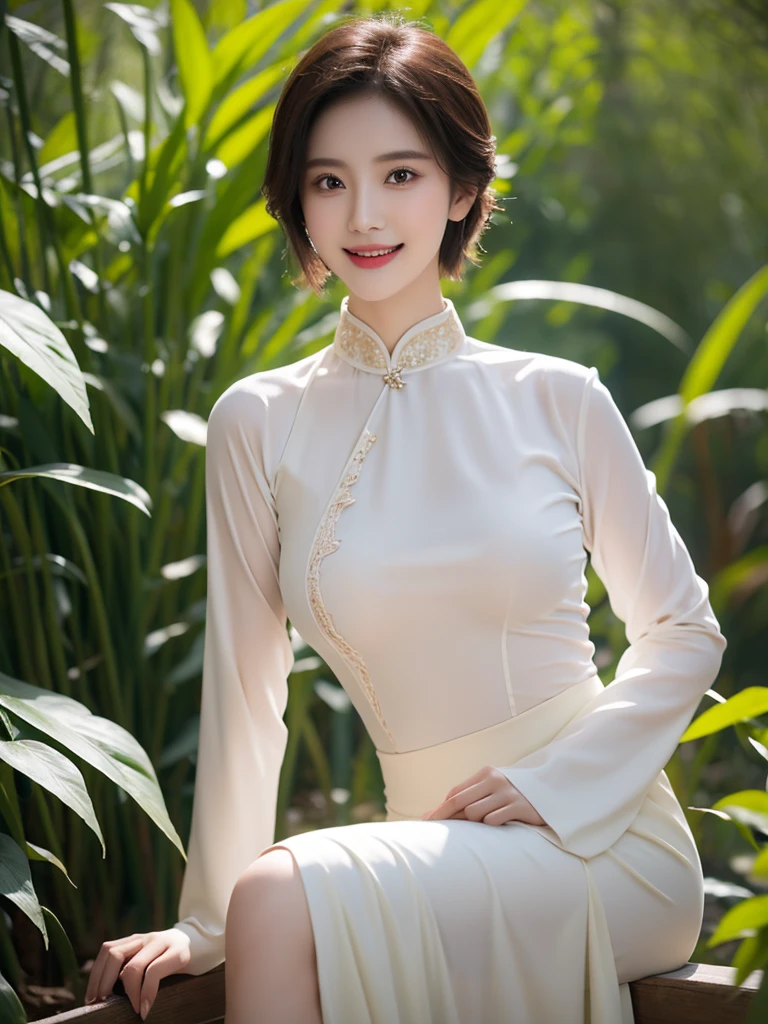 girlcuchoami, 1 Girl, Smile, short hair，Ao Dai light green, Photography Art, bamboo, A stunning photo，High color saturation, Ultra-high resolution,(Practical:1.4)),Deep Shadows,(best quality, masterpiece), Pale skin, Dark, In the shade, flurry, blush, Very detailed, Skinny, Break the depth of field, Film Grain, Skin wrinkling, Looking at the audience, knee, warm Smile, (Upper Body), masterpiece,ultra Practical,32K,Extremely detailed CG unity 8k wallpaper, best quality，((Full breasts：1.5))Full breasts，（Huge breasts：1.5）Huge breasts，Breast augmentation