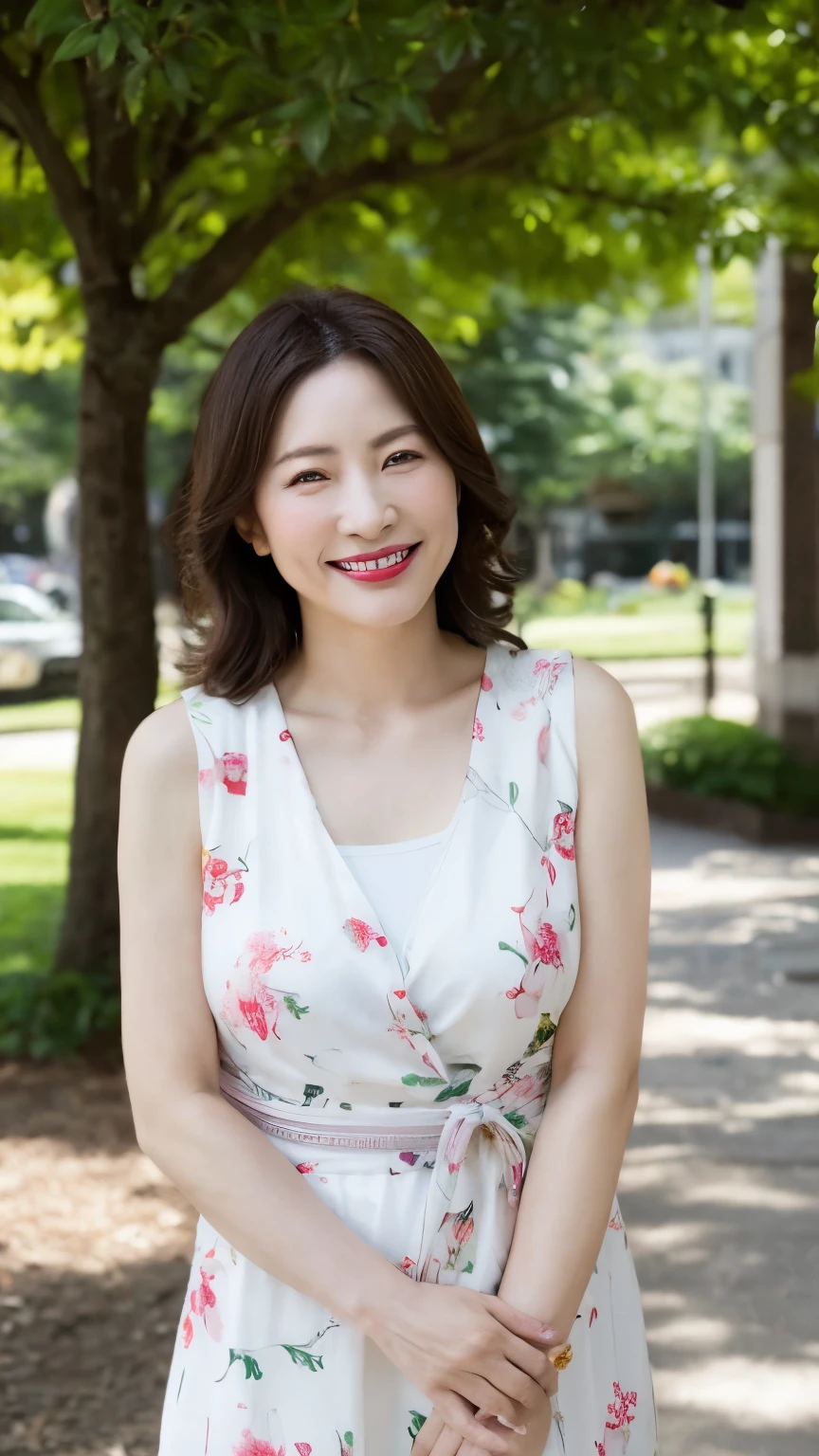  Standing in the park, Wrinkles around the eyes, Smiling with teeth showing, Japanese painting, senior citizen, Draw lips correctly, Red lipstick, No discomfort, 16K, Highest quality, Very detailed, Realistic, Very detailed肌, (Japanese), (alone), 100 years old, Large Breasts, , Glamour, sexy, Chromo White Skin, Staring straight ahead,