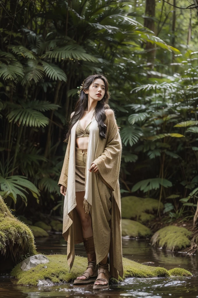(((best quality))),(((ultra detailed))),(((masterpiece))),illustration, A girl dressed as a primitive cavewoman stands boldly in the heart of a dark forest, her long unkempt hair flowing down her back, bronze skin tone, intense piercing eyes, and animal-skin attire highlighting herConnection with nature and resilience. She holds a freshly picked flower, embodying life and beauty amidst the darkness. The primitive outfit, survival knife, and furry shoes symbolize her strength, independence, and adaptation to the forest environment. The eerie and enchanting forest, with moss-covered rocks, gurgling streams, and towering trees, forms a captivating backdrop. Sunlight filters through the canopy, casting an ethereal glow. This illustration Invokes a sense of awe andCuriosity, allowing the viewer to imagine a world where humans lived in harmony with nature. The girl's bold presence andConnection with the ancient past capture the indomitable spirit of adventure. 1girl, primitive cavewoman, long unkempt hair, bronze skin tone, intense piercing eyes, animal-skin attire, survival knife, furry shoes, freshly picked flower,Connection with nature, resilience, strength, independence, adaptation, forest environment, eerie enchanting forest, moss-covered rocks, gurgling streams, towering trees, sunlight, ethereal glow, awe,Curiosity, ancient past, indomitable spirit of adventure