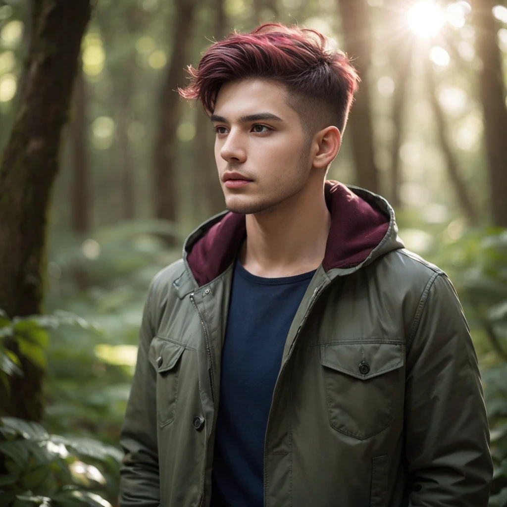 professional photography image, masterpiece, full body confident male model, charming, 25 years old, natural make up, short taper fade undercut maroon trendy hair, wearing modern clothing, jacket semi parka, complicated design fantasy cosplayer, resembling photo Sony 7000D, ultra realistic with a mystical forest background, dappled sunlight, lens flare for a dreamy effect, in a dynamic pose, with a changed angle of view for a more dramatic effect