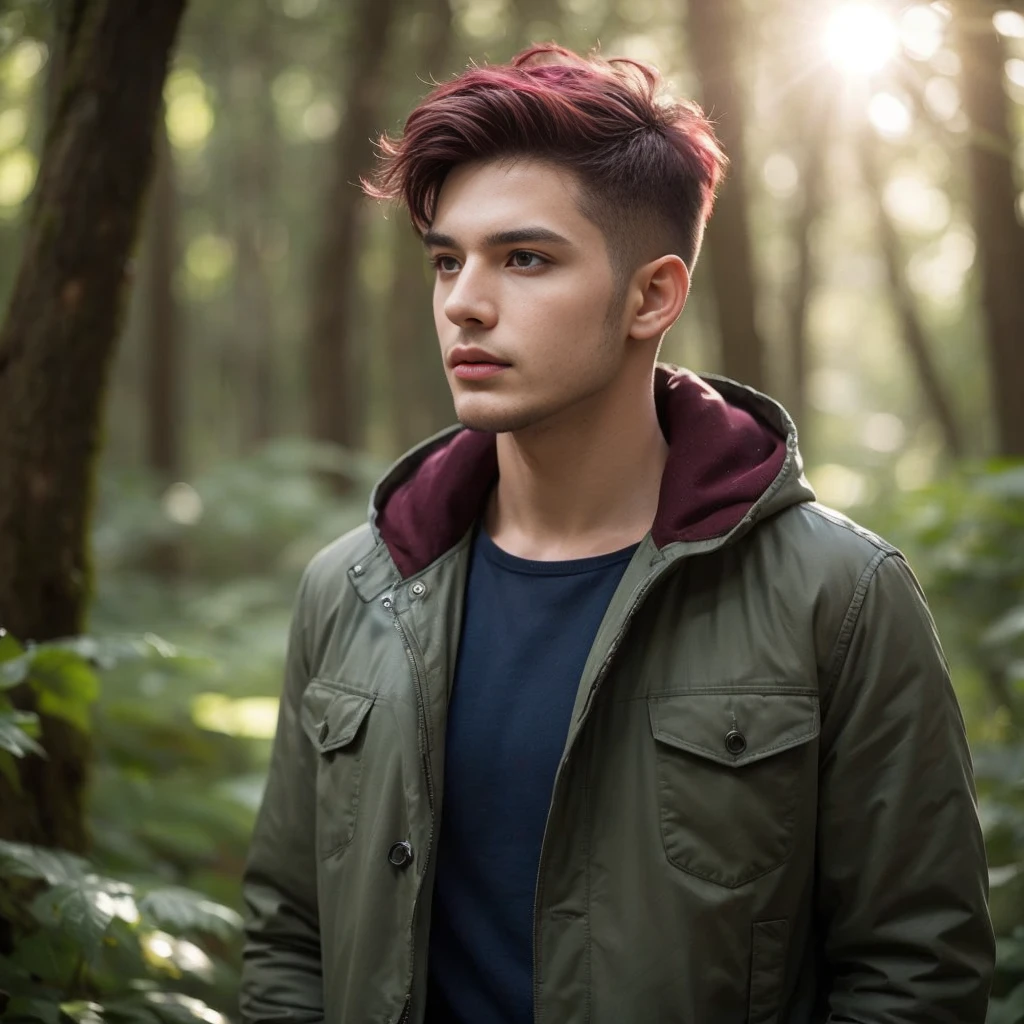professional photography image, masterpiece, full body confident male model, charming, 25 years old, natural make up, short taper fade undercut maroon trendy hair, wearing modern clothing, jacket semi parka, complicated design fantasy cosplayer, resembling photo Sony 7000D, ultra realistic with a mystical forest background, dappled sunlight, lens flare for a dreamy effect, in a dynamic pose, with a changed angle of view for a more dramatic effect