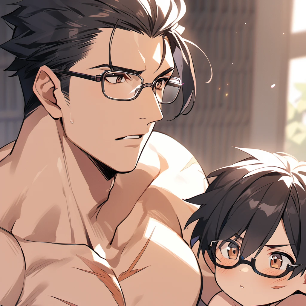 Latino, boy, 160 cm tall, black hair, wearing glasses, slightly muscular, bulky body, gay sex scene with white boy, 160 cm fall, brown hair, wearing glasses, average body,