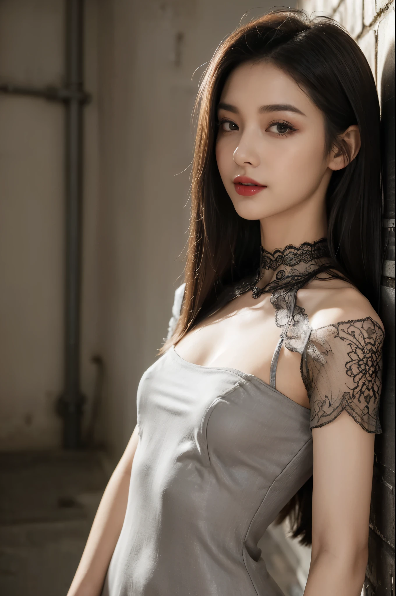 (((best quality))),(((ultra detailed))),(((masterpiece))),illustration,((1 beautiful girl,solo)),((slim,thin)),((small breasts,flat chest)),(shoulder length straight hair:1.2),summer afternoon,((unfinished concrete room,alluring,gray walls)),(short sleeves:1.2),(black lace dress:1.3),(seductive,elegant,full bosom,fair skin,golden strands,delicate features,deep brown eyes,mischief,mystery,enchanting smile,vibrant red lips,serene beauty,self-assuredness,industrial ambiance,raw cement walls,exposed pipes,sexuality,allure,refined beauty,compelling visual narrative,seductive gaze,elegant posture,industrial backdrop,lasting impression,((standing,from front,close-up of face))