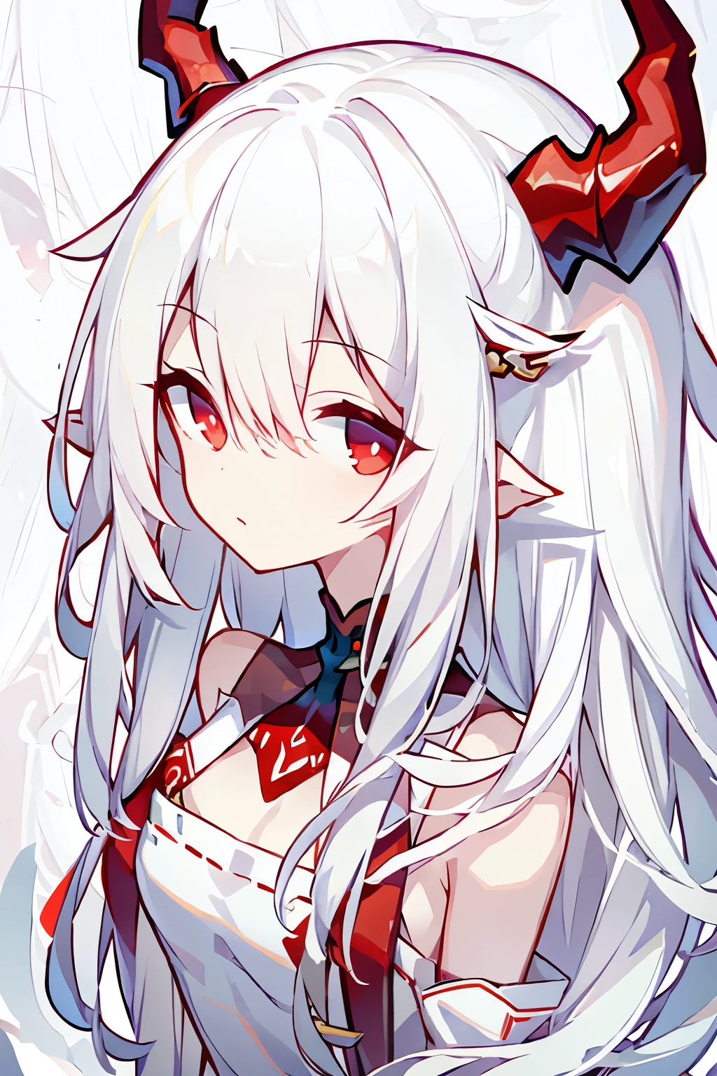 （White hair 1.4），（Long hair 1.3），Red pupil，White clothes，flat chest，Red dragon horn