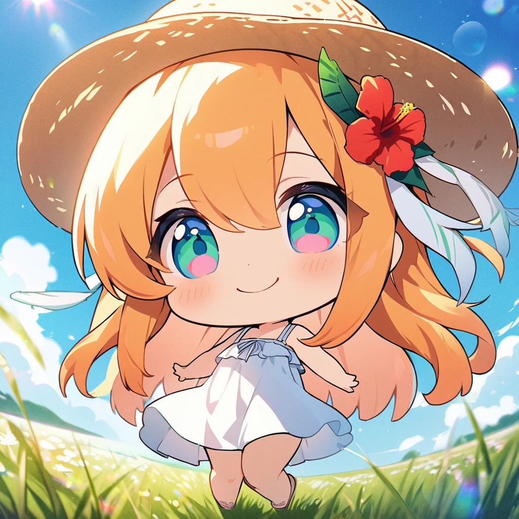 masterpiece, best quality, 4k、2D illustration, one beautiful girl, solo、(((chibi style)))、((vivid colors))、cute chibi, lovely chibi、((colorful))、((long beautiful hair)), glossy light orange hair, hair between eyes, cute, beautifully detailed eyes、((white summer dress))、((straw hat))、hibiscus hair ornament, flip-flops, ((happy smile))、((full body shot))、((summer grasslands))、((gentle breeze))、((blue sky))、sunbeam, white light, ((lens flare)), ((high color saturation)),