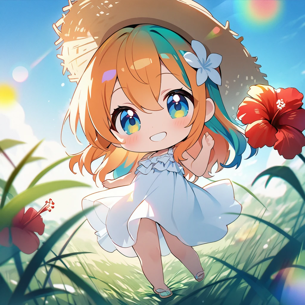 masterpiece, best quality, 4k、2D illustration, one beautiful girl, solo、(((chibi style)))、((vivid colors))、cute chibi, lovely chibi、((colorful))、((long beautiful hair)), glossy light orange hair, hair between eyes, cute, beautifully detailed eyes、((white summer dress))、((straw hat))、hibiscus hair ornament, flip-flops, ((happy smile))、((full body shot))、((summer grasslands))、((gentle breeze))、((blue sky))、sunbeam, white light, ((lens flare)), ((high color saturation)), 