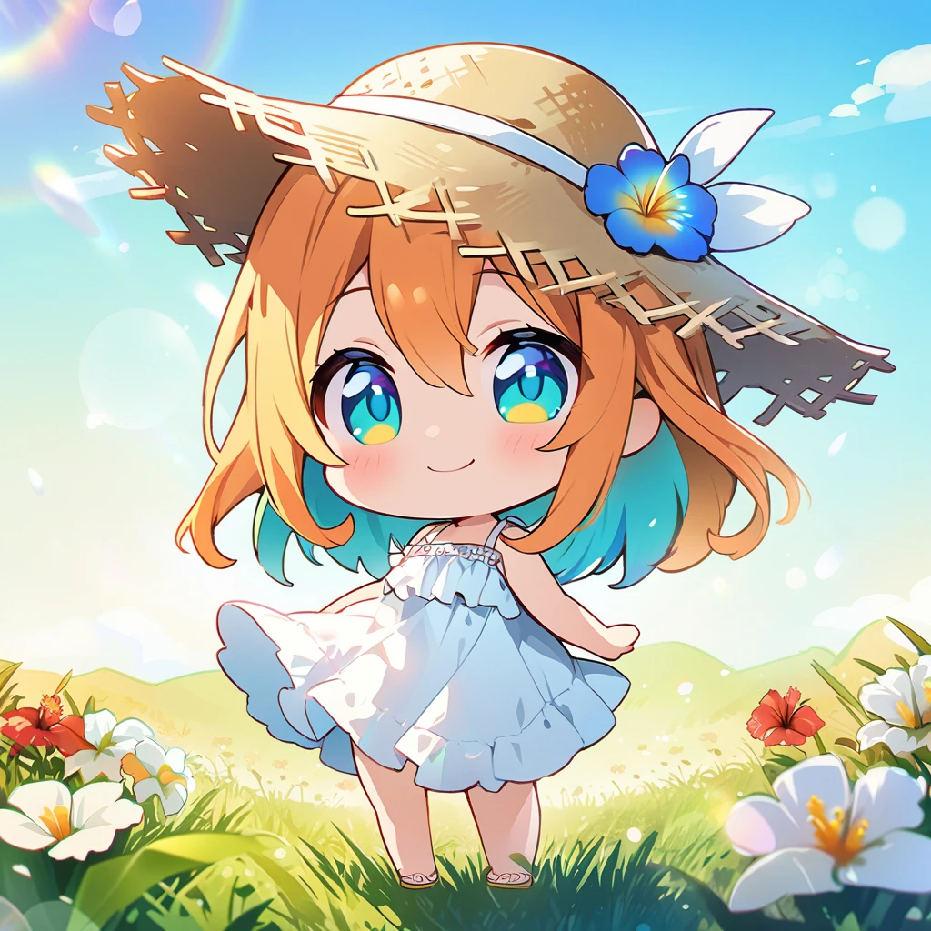 masterpiece, best quality, 4k、2D illustration, one beautiful girl, solo、(((chibi style)))、((vivid colors))、cute chibi, lovely chibi、((colorful))、((long beautiful hair)), glossy light orange hair, hair between eyes, cute, beautifully detailed eyes、((white summer dress))、((straw hat))、hibiscus hair ornament, flip-flops, ((happy smile))、((full body shot))、((summer grasslands))、((gentle breeze))、((blue sky))、sunbeam, white light, ((lens flare)), ((high color saturation)), 