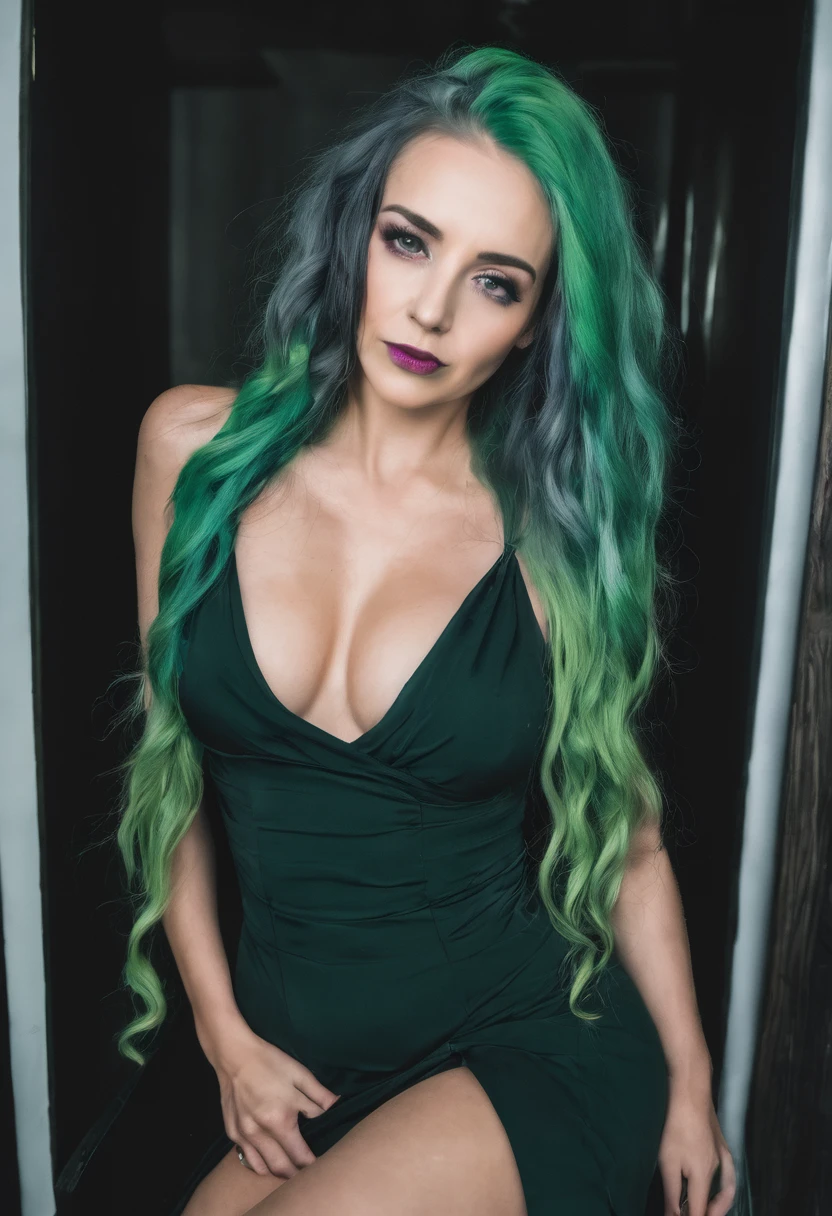 Caucasian woman with long, loose green hair, wearing a dark gray erotic dress marking her sexy body
