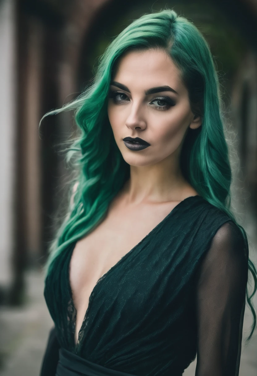 Caucasian woman with long, loose green hair, wearing a dark gray erotic dress marking her sexy body