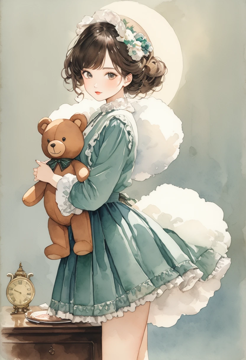 ((antique:1.5)),((With a big fluffy teddy bear:1.5)),Beautiful and cute woman,1 Female,Solo,Sharp features,Sophisticated,((Watercolor:1.5)),whole body,超High resolution,((Attention to detail)),high quality,High resolution,最high quality,(vintage:1.4),(Cute pose:1.3),Dull color,So adorable,model like,Fluffy atmosphere,(Accurate body),((antiqueな服:1.5)),Stylish Background