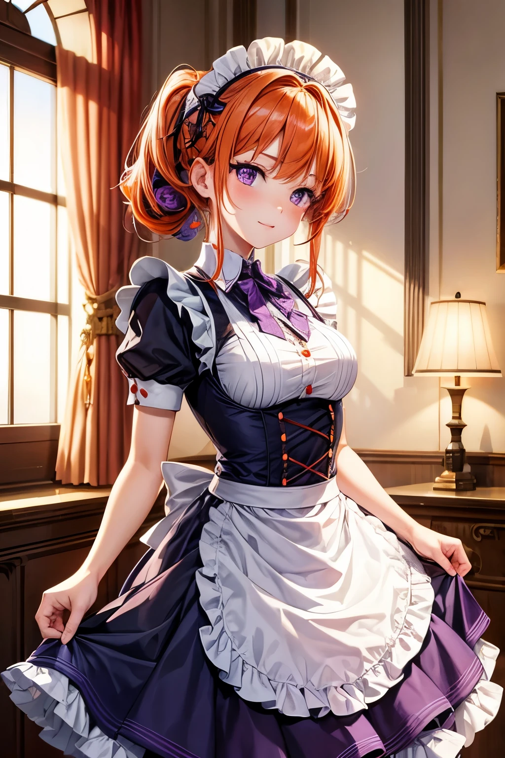 masterpiece, best quality, 1 girl, Purple Eyes, Orange hair,maid headdress, maid,