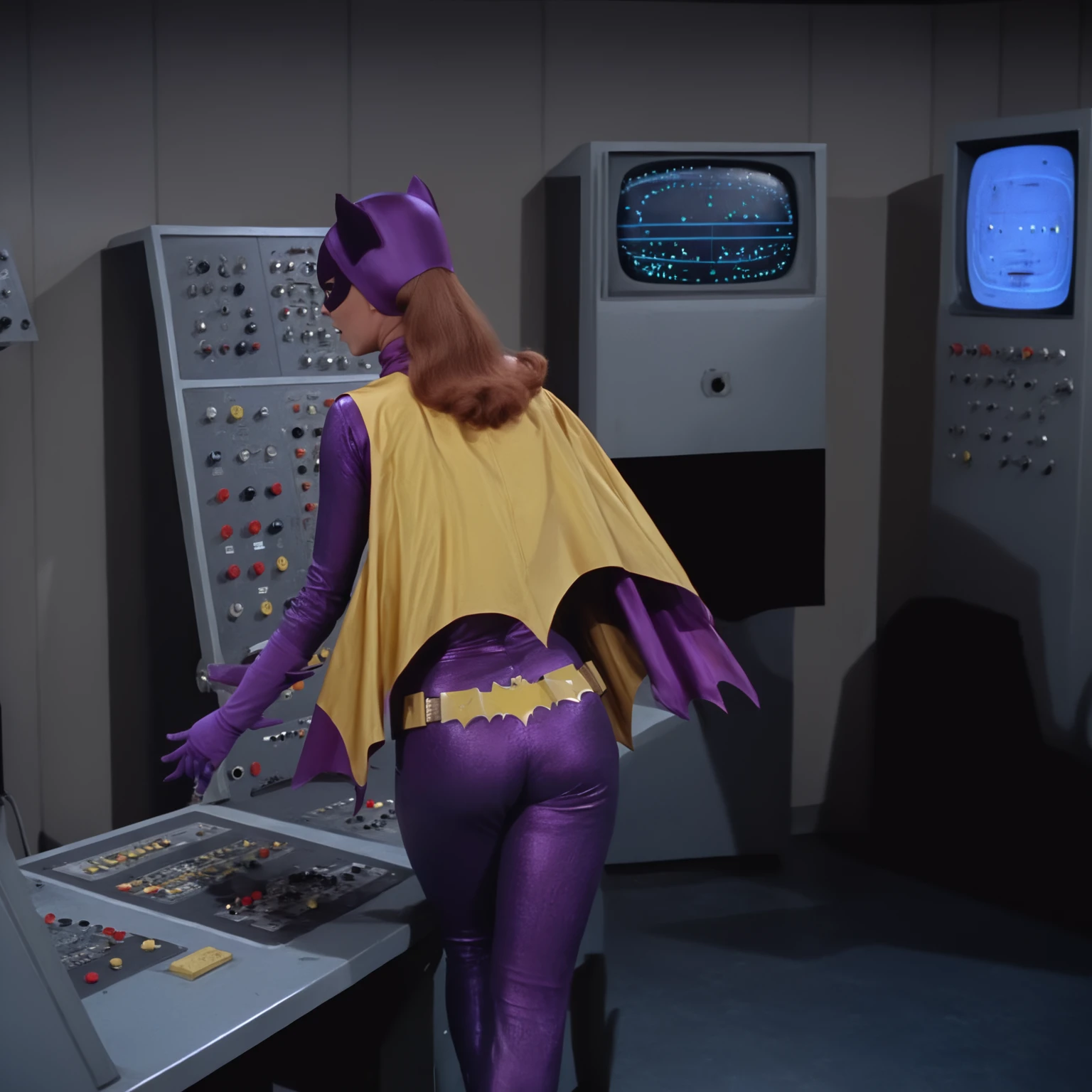 trunk, Yvonne Craig woman working with a futuristic retro computer inside a control room, buttons, commutator, screens, radars, surprised muscular man without her noticing, 60s style, Analog film, film grain, natta