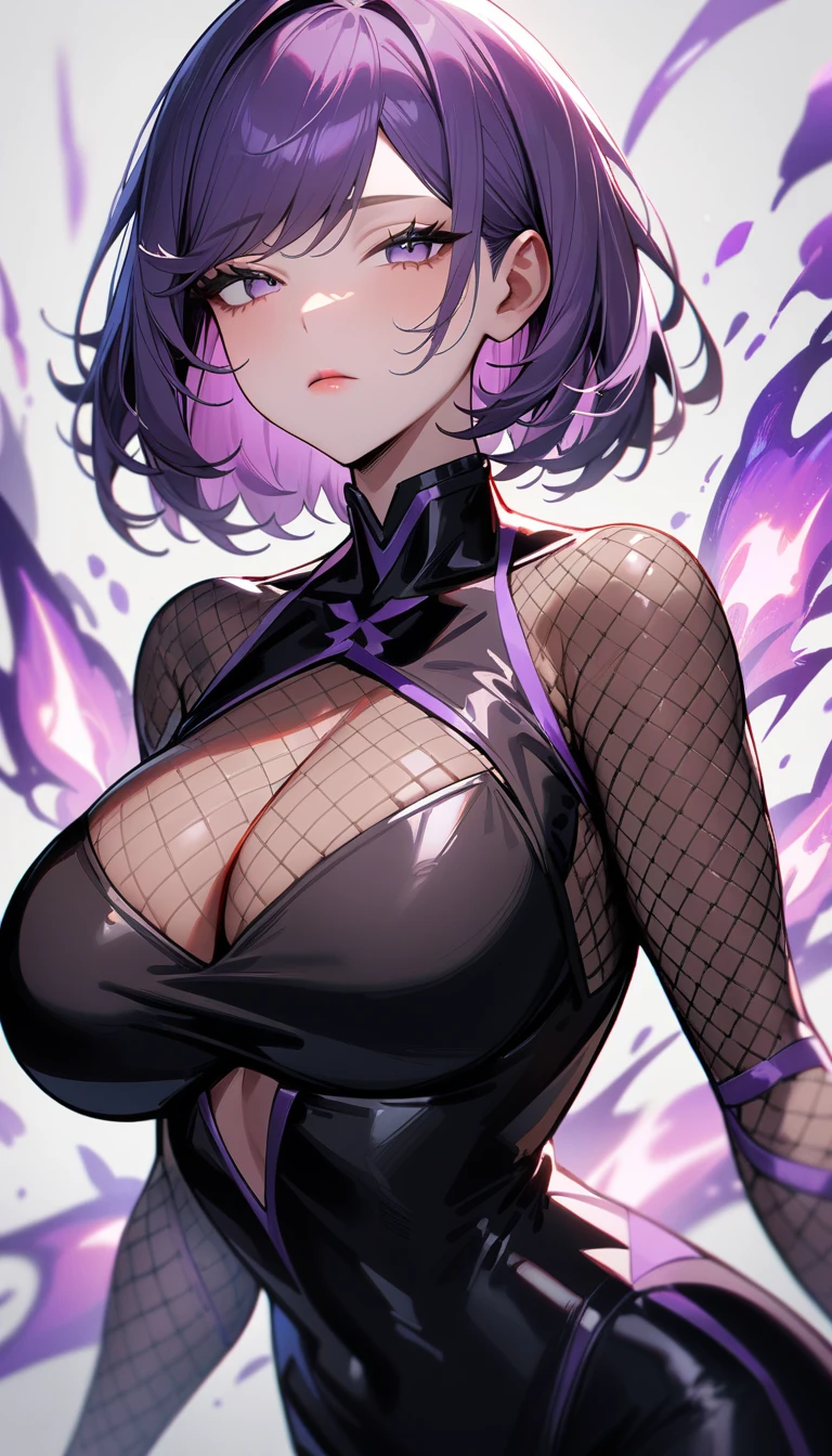 1girl,solo,super detailed skin,shiny skin,expressionless face,purple hair,short hair,swept bangs,half open eyes,eyelashes,lips gloss ,large breasts,fullbodysuit,fishnet arms,cleavage cutout,ninja clothes ,cowboy shot,electric magic,simple background,masterpiece,best quality,ultra detailed,high resolution,sharp focus