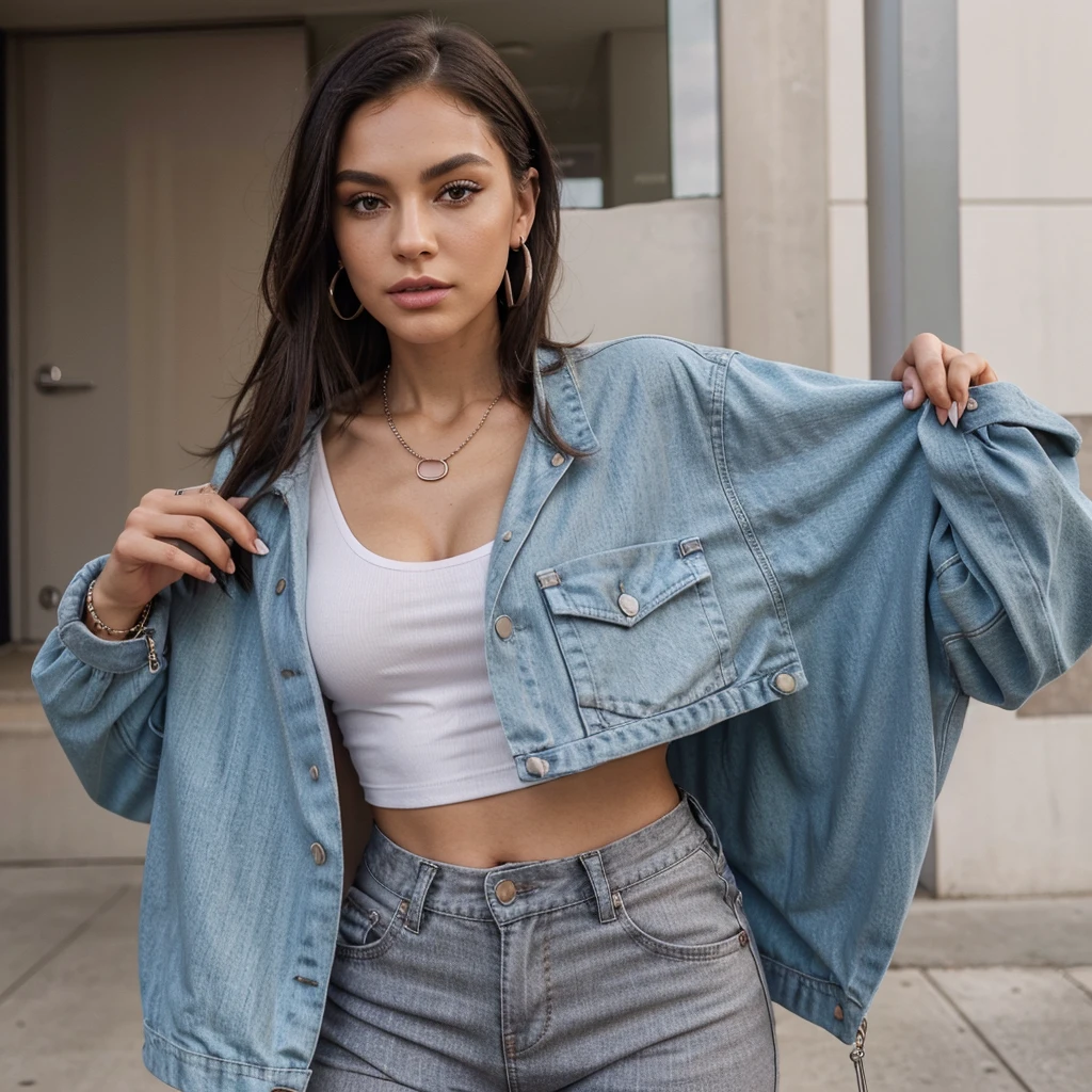 - **Appearance:** Medium height (approximately 165-170 cm), fit and stylish.
- **Face:** Sharp jawline, defined cheekbones, and full lips.
- **Eyes:** Hazel or green eyes with an intense gaze.
- **Hair:** Medium-length, straight hair in a sleek bob cut, possibly dyed in an edgy color like platinum or pastel pink.
- **Skin:** Smooth and fair with a natural glow.
- **Clothing:** Trendy streetwear — oversized jacket, crop top, and high-waisted pants.
- **Accessories:** Hoop earrings, layered necklaces, and a stylish backpack.
