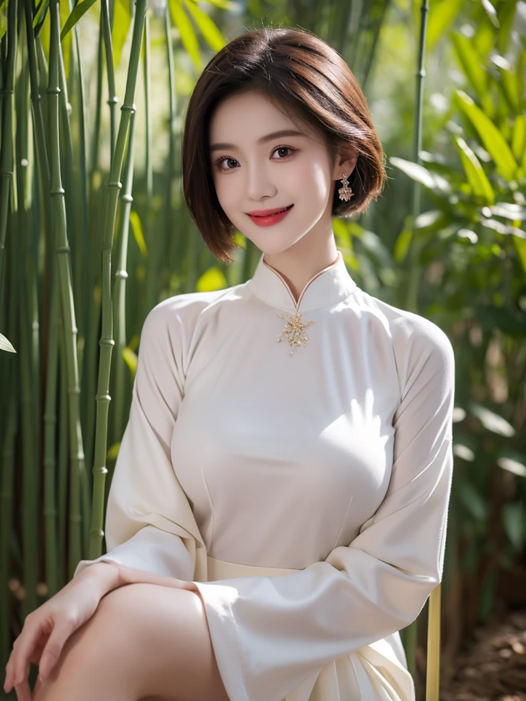 girlcuchoami, 1 Girl, Smile, short hair，Ao Dai light green, Photography Art, bamboo, A stunning photo，High color saturation, Ultra-high resolution,(Practical:1.4)),Deep Shadows,(best quality, masterpiece), Pale skin, Dark, In the shade, flurry, blush, Very detailed, Skinny, Break the depth of field, Film Grain, Skin wrinkling, Looking at the audience, knee, warm Smile, (Upper Body), masterpiece,ultra Practical,32K,Extremely detailed CG unity 8k wallpaper, best quality，((Full breasts：1.5))Full breasts，（Huge breasts：1.5）Huge breasts，Breast augmentation