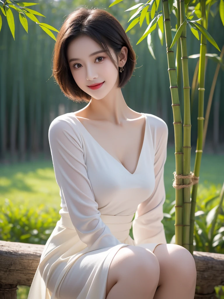 girlcuchoami, 1 Girl, Smile, short hair，Ao Dai light green, Photography Art, bamboo, A stunning photo，High color saturation, Ultra-high resolution,(Practical:1.4)),Deep Shadows,(best quality, masterpiece), Pale skin, Dark, In the shade, flurry, blush, Very detailed, Skinny, Break the depth of field, Film Grain, Skin wrinkling, Looking at the audience, knee, warm Smile, (Upper Body), masterpiece,ultra Practical,32K,Extremely detailed CG unity 8k wallpaper, best quality，((Full breasts：1.5))Full breasts，（Huge breasts：1.5）Huge breasts，Breast augmentation