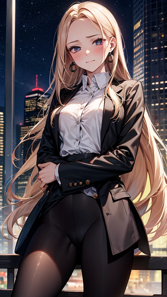 All Nude,Photo from below,Masterpiece,quality,High resolution,高quality,Realistic,Long Hair,pantyhose:1.5,Button-down shirt,Black jacket,5,Earrings,Earrings,Leaning against the guardrail,Spread your legs:1.5,Embarrassed face,Skyscrapers in the background,crowd:1.5,Fair skin,night, roadside,Forehead,blush